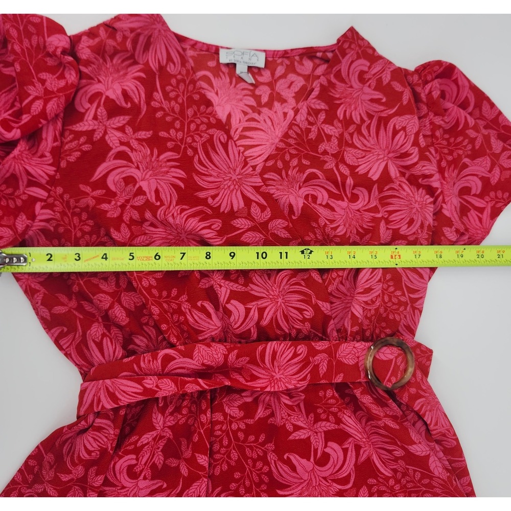 Sofia Jeans by Sofia Vergara Red Pink Floral Wrap Midi Dress Tiered Ruffle M - Picture 4 of 6